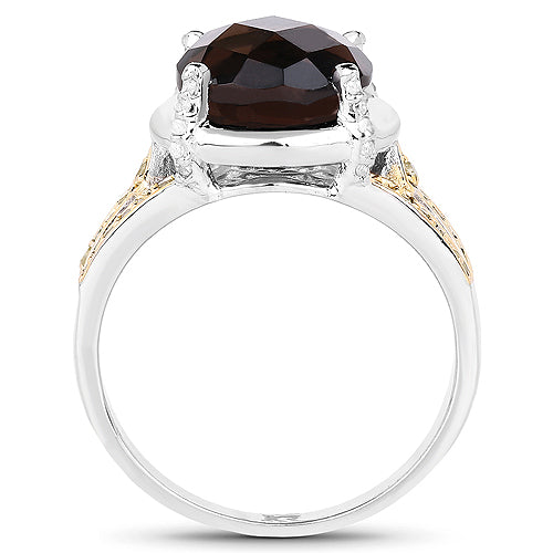 3.28 Carat Genuine Smoky Quartz, Yellow Diamond & White Diamond .925 Sterling Silver Ring Bids.com