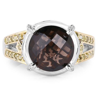 3.28 Carat Genuine Smoky Quartz, Yellow Diamond & White Diamond .925 Sterling Silver Ring Bids.com