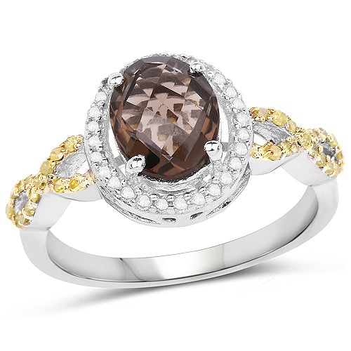 1.90 Carat Genuine Smoky Quartz, Yellow Diamond & White Diamond .925 Sterling Silver Ring Bids.com