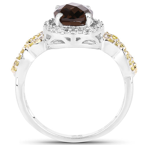 1.90 Carat Genuine Smoky Quartz, Yellow Diamond & White Diamond .925 Sterling Silver Ring Bids.com