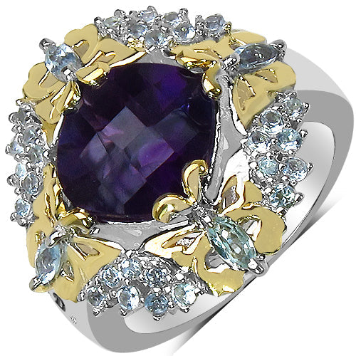 3.91 Carat Genuine Amethyst, Blue Topaz & White Diamond .925 Sterling Silver Ring Bids.com