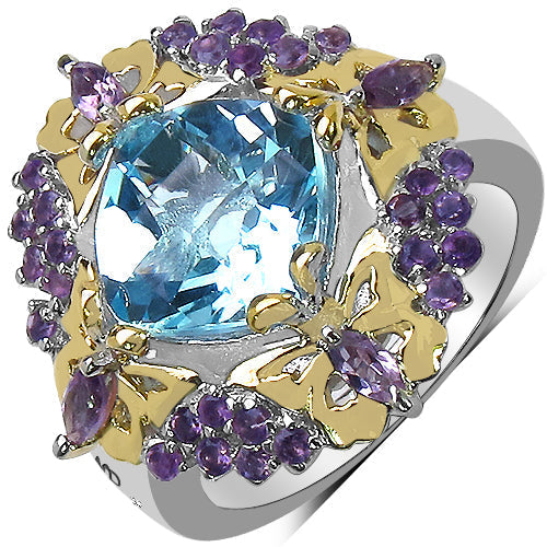 5.66 Carat Genuine Blue Topaz, Amethyst & White Diamond .925 Sterling Silver Ring Bids.com