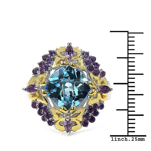 5.66 Carat Genuine Blue Topaz, Amethyst & White Diamond .925 Sterling Silver Ring Bids.com