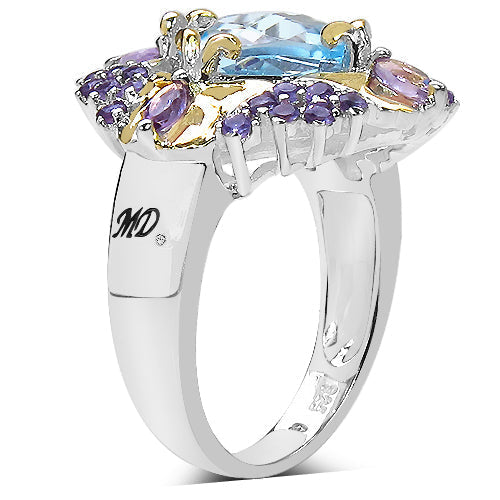 5.66 Carat Genuine Blue Topaz, Amethyst & White Diamond .925 Sterling Silver Ring Bids.com