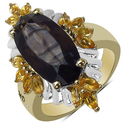 14K Yellow Gold Plated 7.07 Carat Genuine Smoky Quartz, Citrine & White Diamond .925 Sterling Silver Ring Bids.com