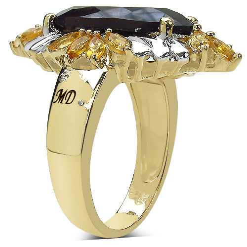 14K Yellow Gold Plated 7.07 Carat Genuine Smoky Quartz, Citrine & White Diamond .925 Sterling Silver Ring Bids.com