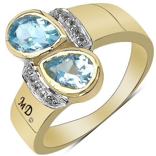 14K Yellow Gold Plated 1.86 Carat Genuine Blue Topaz, White Topaz & White Diamond .925 Sterling Silver Ring Bids.com