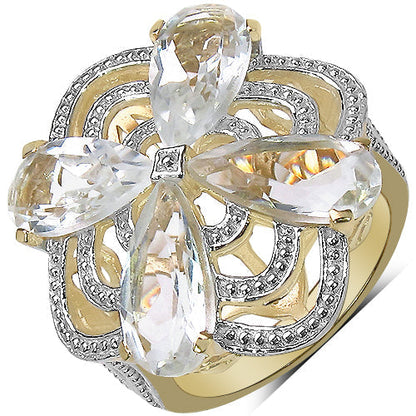 14K Yellow Gold Plated 6.69 Carat Genuine Crystal Quartz & White Diamond .925 Sterling Silver Ring Bids.com