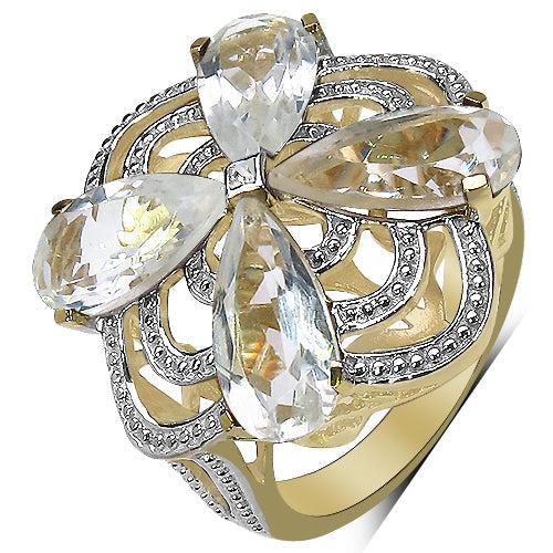 14K Yellow Gold Plated 6.69 Carat Genuine Crystal Quartz & White Diamond .925 Sterling Silver Ring Bids.com