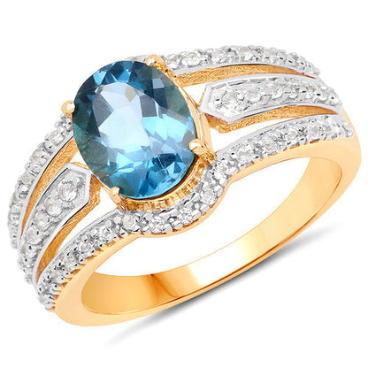 14K Yellow Gold Plated 2.30 Carat Genuine London Blue Topaz and White Topaz .925 Sterling Silver Ring Bids.com