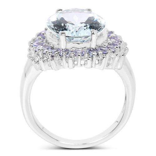 5.30 Carat Genuine Aquamarine, Tanzanite & White Topaz .925 Sterling Silver Ring Bids.com