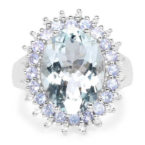 5.30 Carat Genuine Aquamarine, Tanzanite & White Topaz .925 Sterling Silver Ring Bids.com