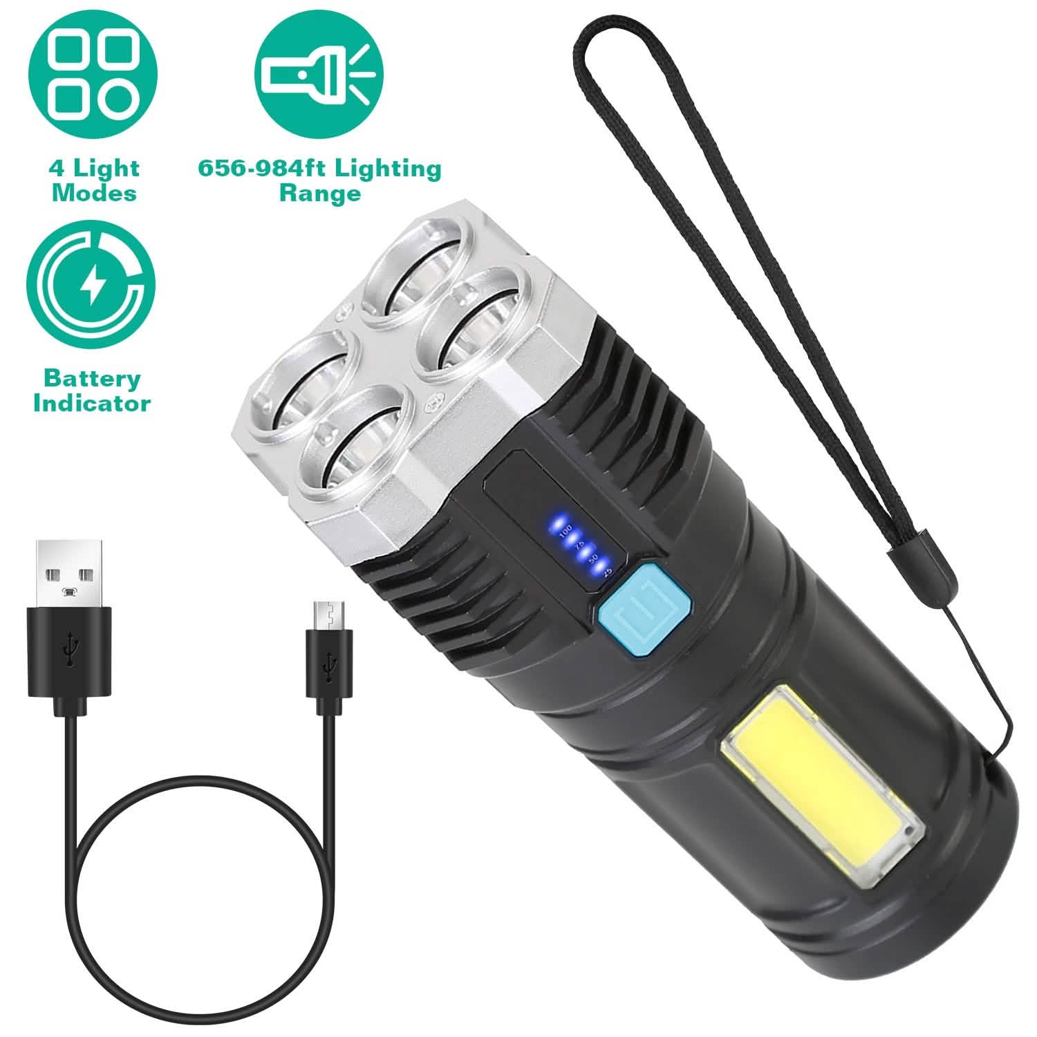 Rechargeable Flashlight LED Floodlight Torch with Strap Super Bright Flashlight DailySale