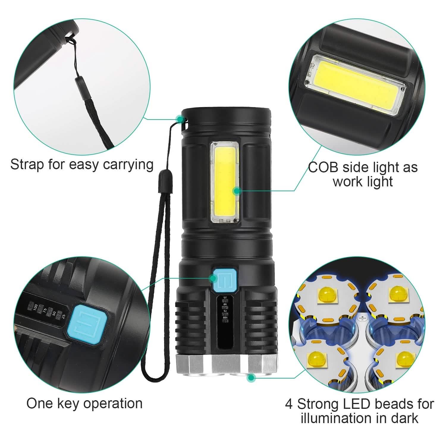 Rechargeable Flashlight LED Floodlight Torch with Strap Super Bright Flashlight DailySale