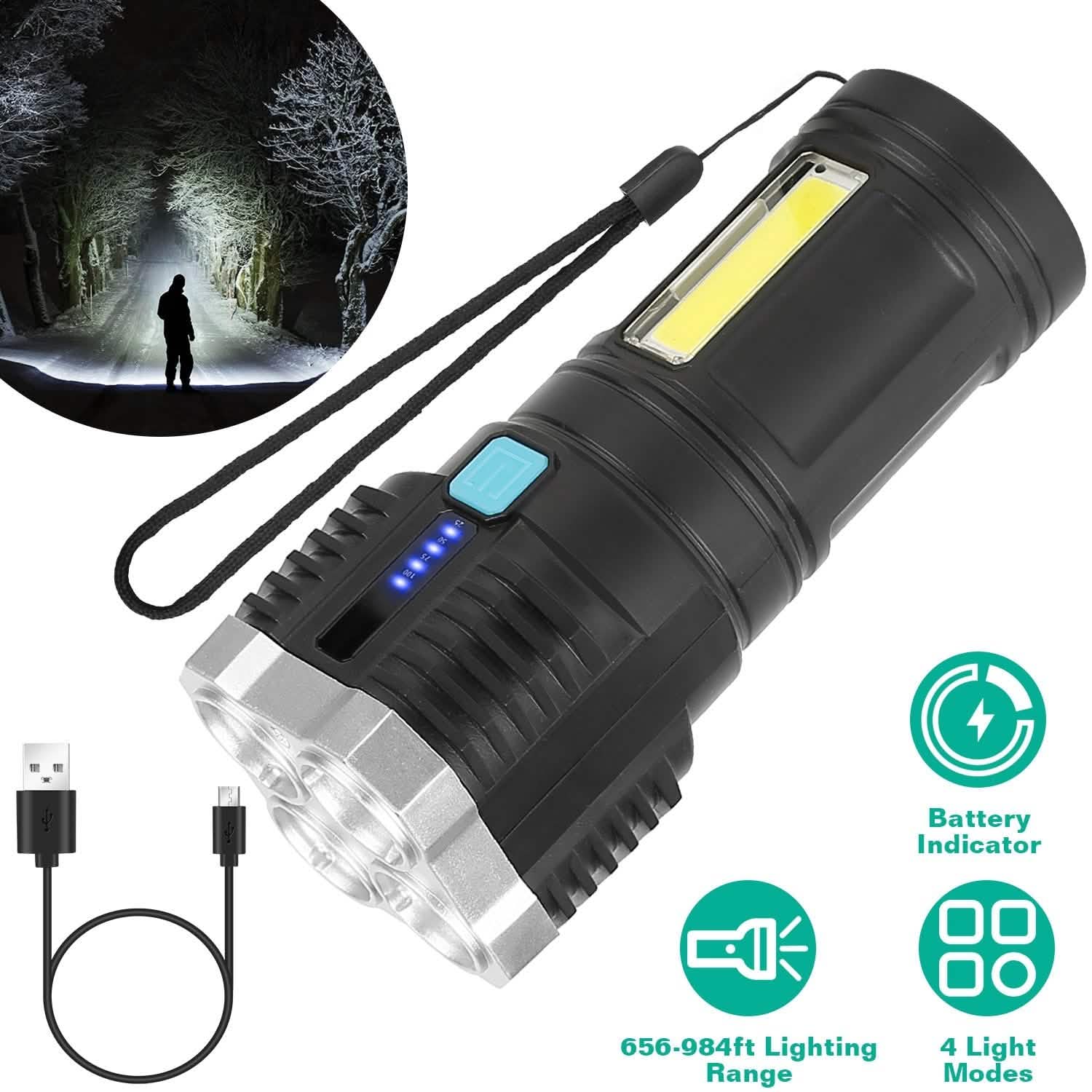Rechargeable Flashlight LED Floodlight Torch with Strap Super Bright Flashlight DailySale