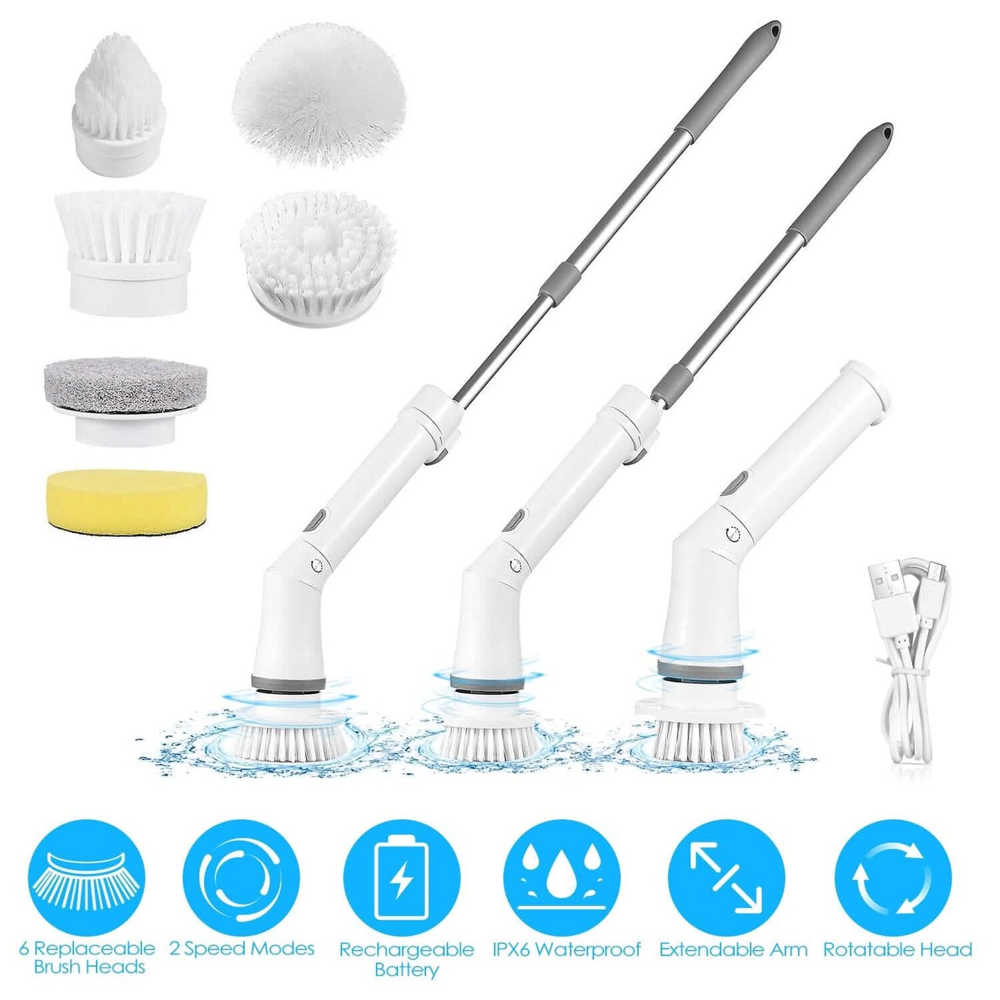 Rechargeable Telescopic Cleaning Brush 6 Replaceable Heads 2 Speed Adjustable Extension Arm DailySale