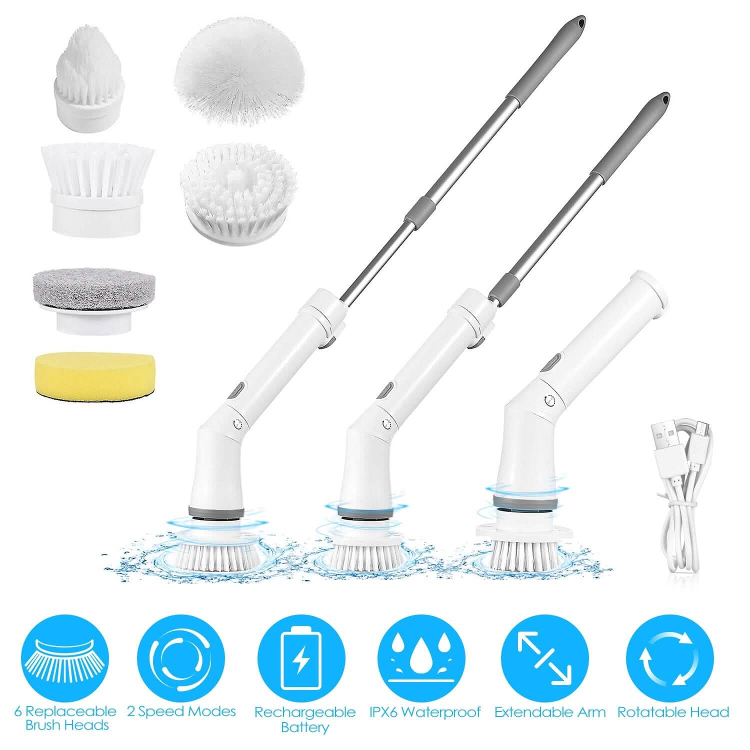 Rechargeable Telescopic Cleaning Brush 6 Replaceable Heads 2 Speed Adjustable Extension Arm DailySale