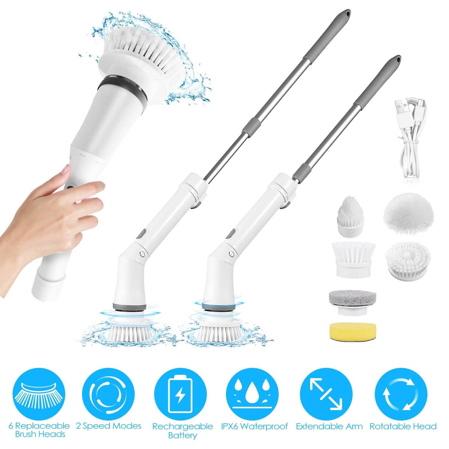 Rechargeable Telescopic Cleaning Brush 6 Replaceable Heads 2 Speed Adjustable Extension Arm DailySale