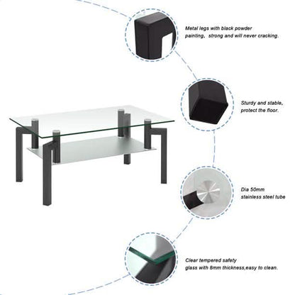 Rectangular Tempered Metal Tube Leg Living Room Glass Coffee Table DailySale