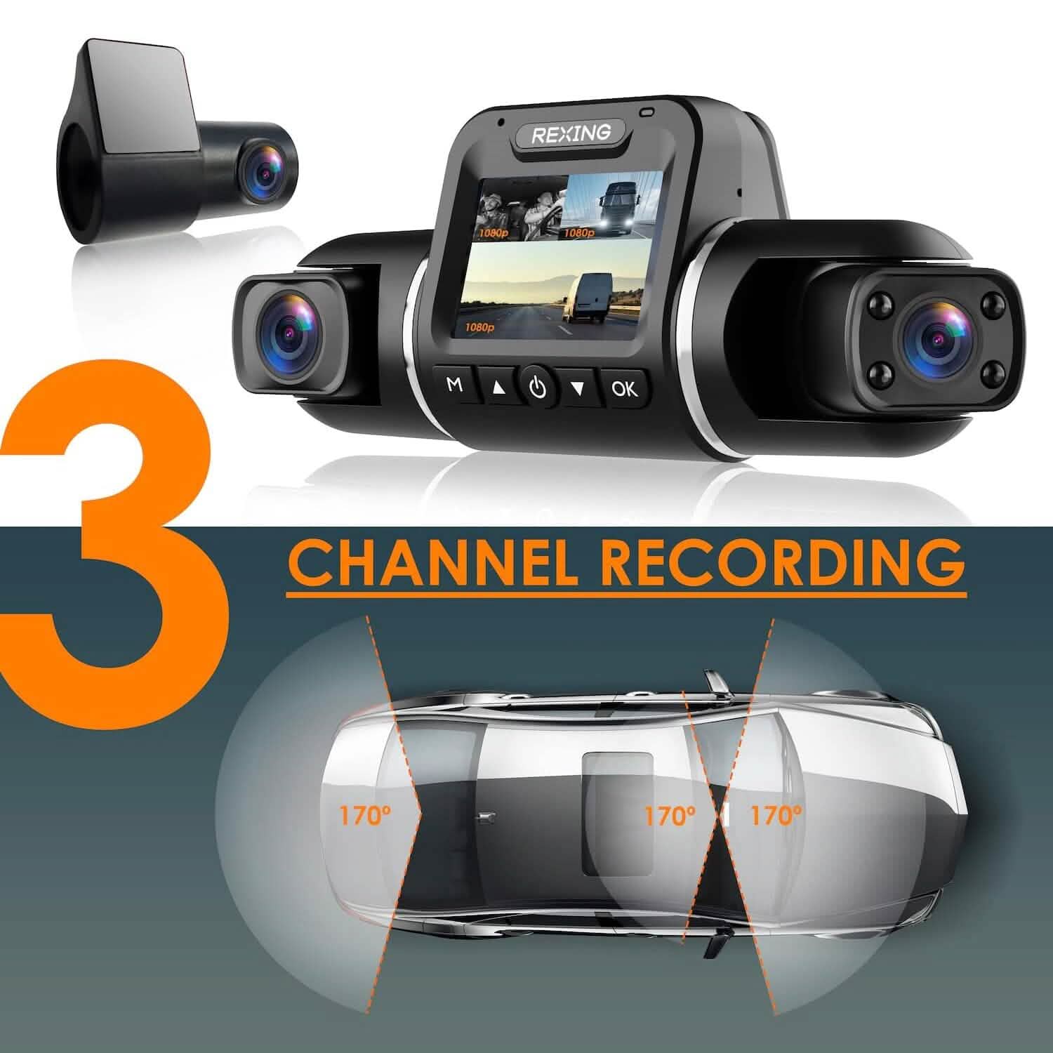 RexingUSA V2 PRO AI Dash Cam 3-Channel Front/Cabin/Rear  (Refurbished) DailySale