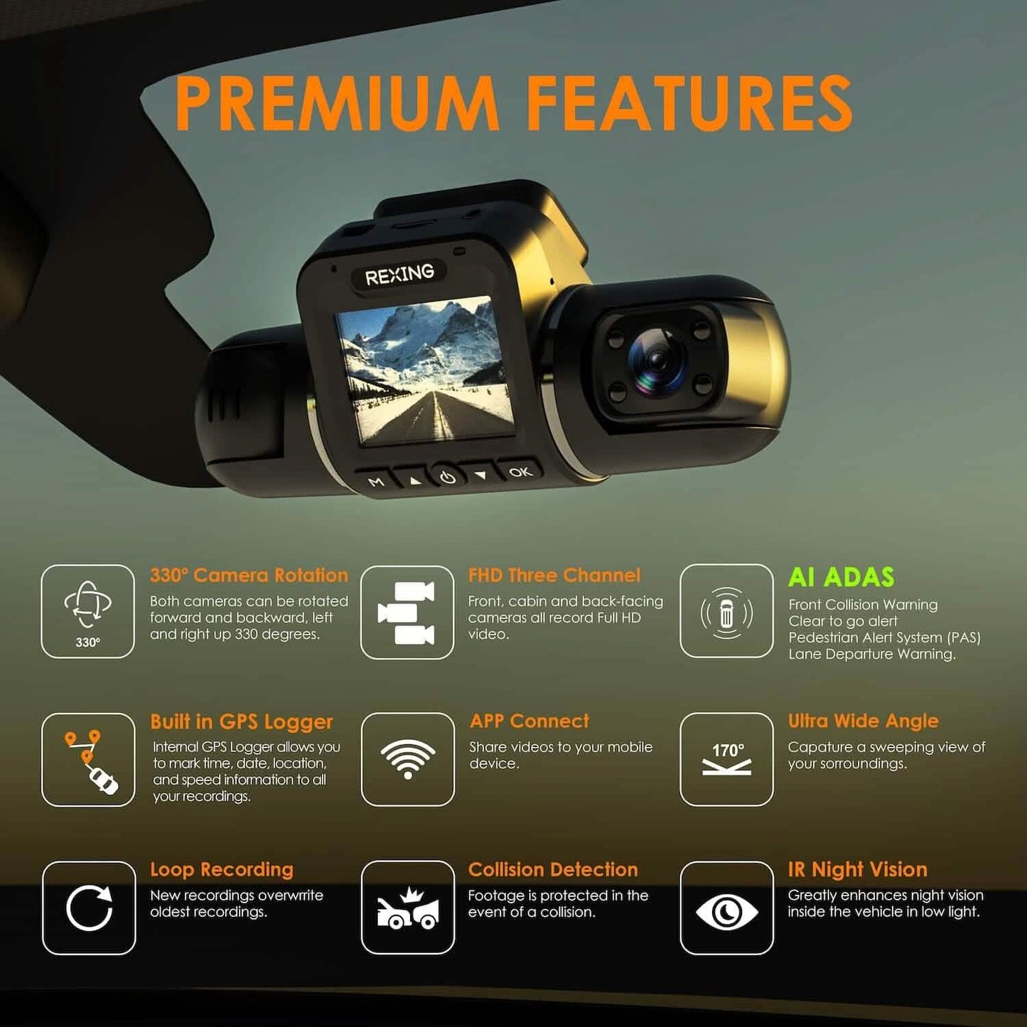 RexingUSA V2 PRO AI Dash Cam 3-Channel Front/Cabin/Rear  (Refurbished) DailySale