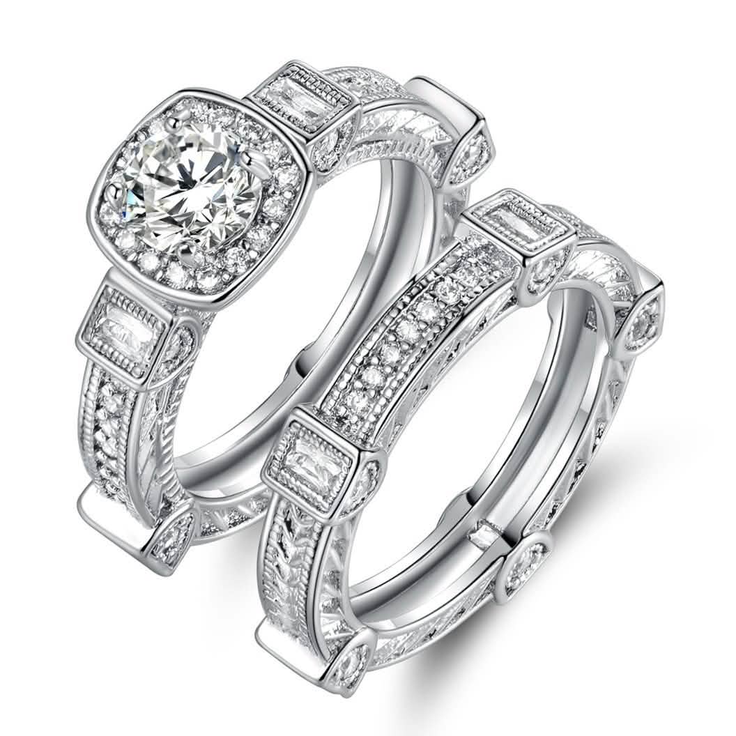 Rhodium Plated Cubic Zirconia Engagement Ring Set - Assorted Sizes DailySale