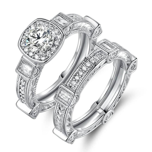 Rhodium Plated Cubic Zirconia Engagement Ring Set - Assorted Sizes DailySale