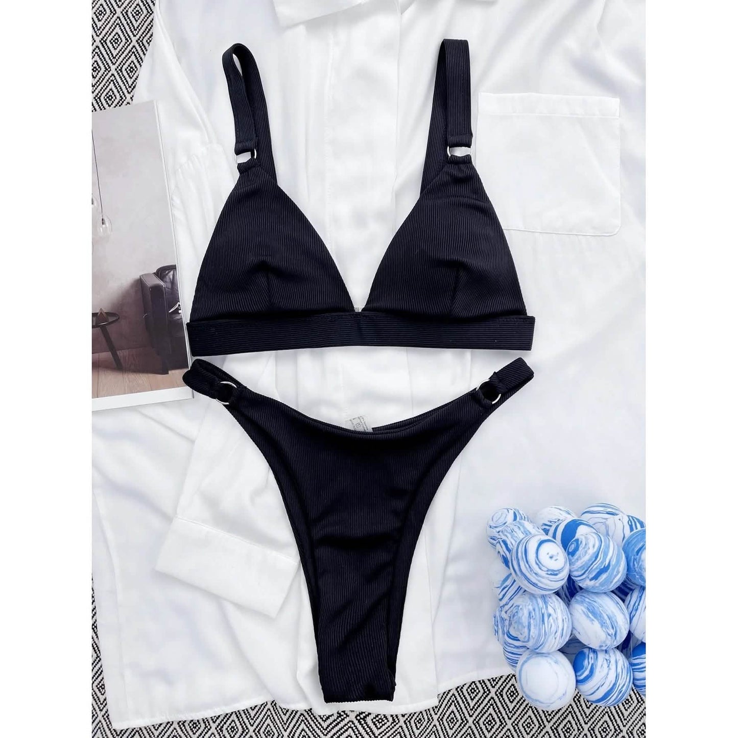 Rib Ring Linked High Cut Bikini Swimsuit DailySale
