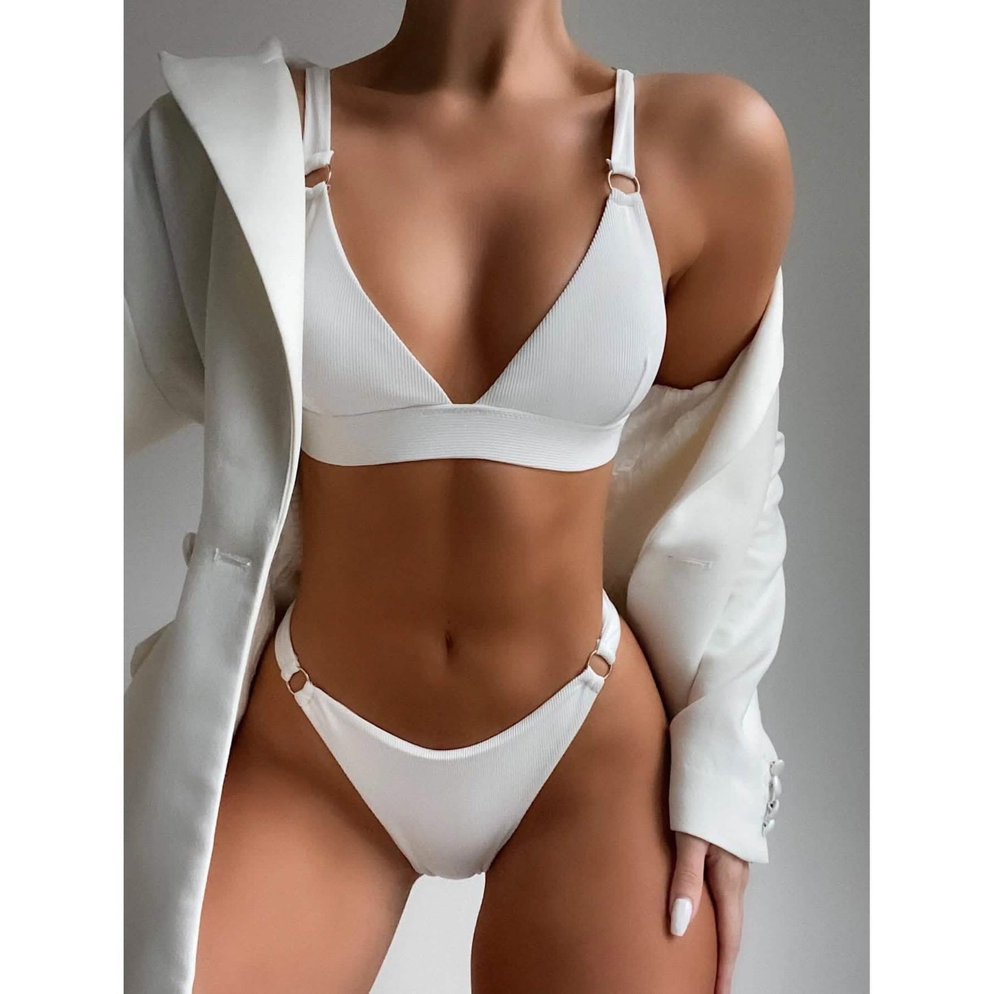 Rib Ring Linked High Cut Bikini Swimsuit DailySale
