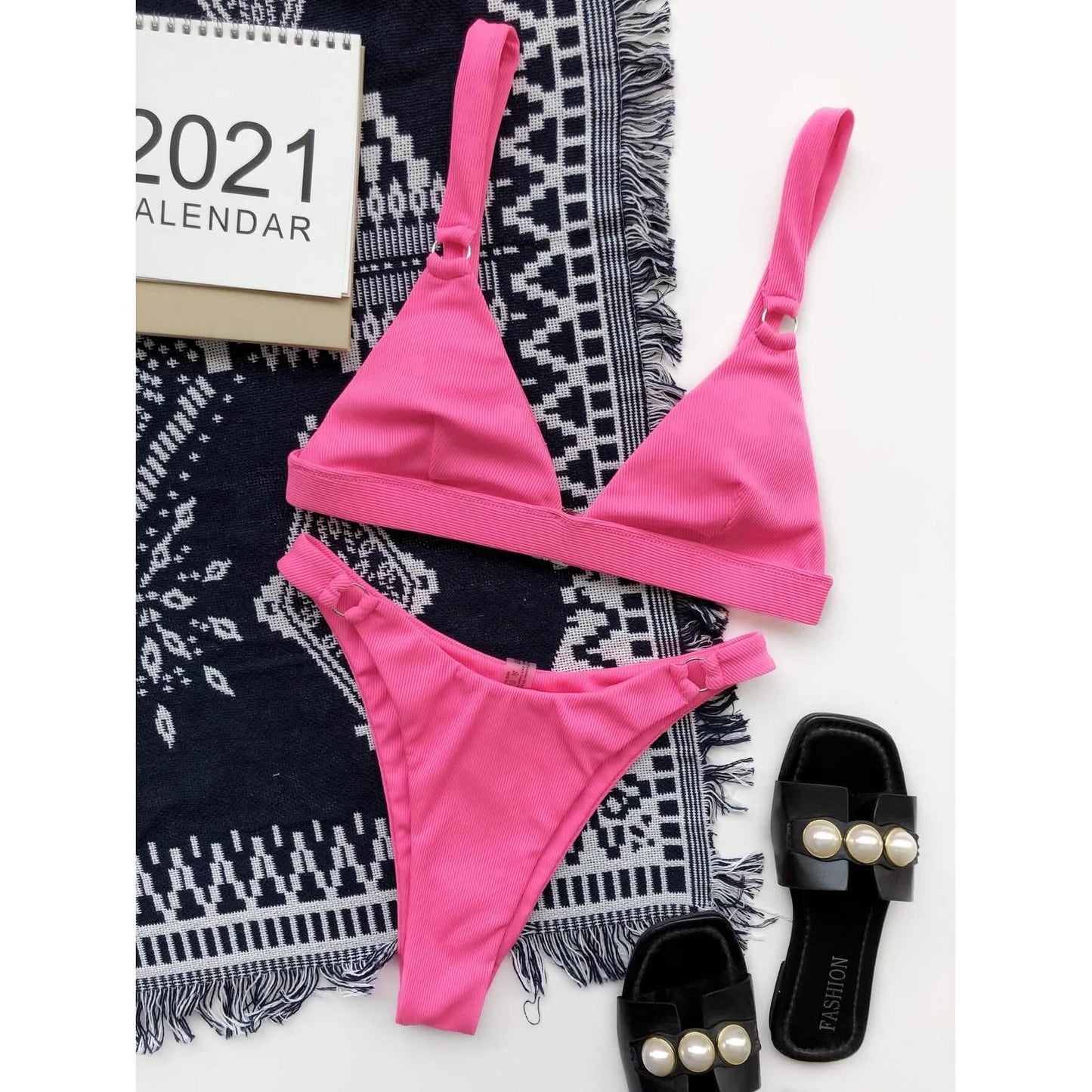 Rib Ring Linked High Cut Bikini Swimsuit DailySale