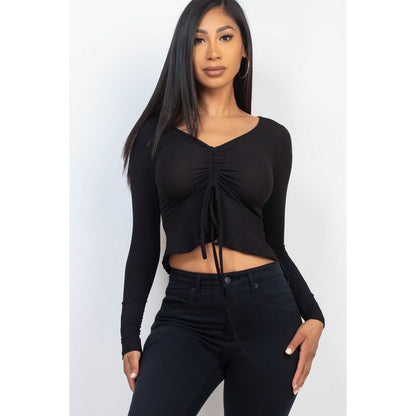 Ribbed Drawstring Front Long Sleeve Peplum Top DailySale