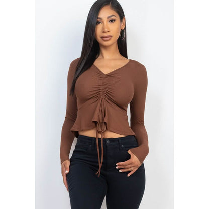 Ribbed Drawstring Front Long Sleeve Peplum Top DailySale