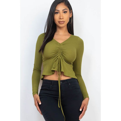 Ribbed Drawstring Front Long Sleeve Peplum Top DailySale