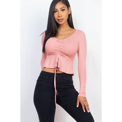 Ribbed Drawstring Front Long Sleeve Peplum Top DailySale