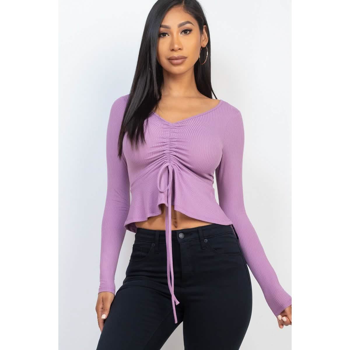 Ribbed Drawstring Front Long Sleeve Peplum Top DailySale