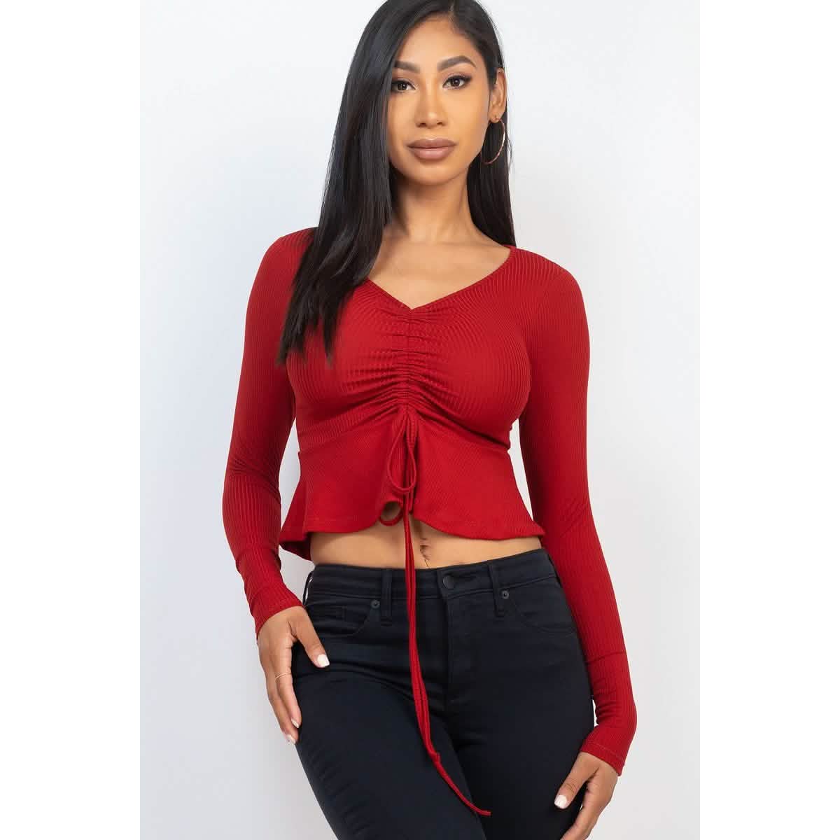 Ribbed Drawstring Front Long Sleeve Peplum Top DailySale