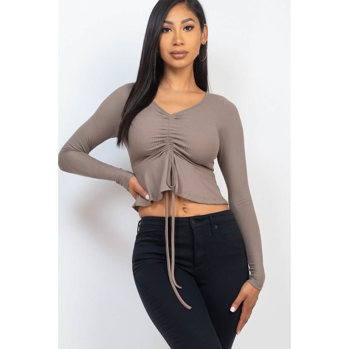 Ribbed Drawstring Front Long Sleeve Peplum Top DailySale