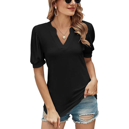 Romanstii Women Casual V-neck T-Shirts Loose Puff Short DailySale