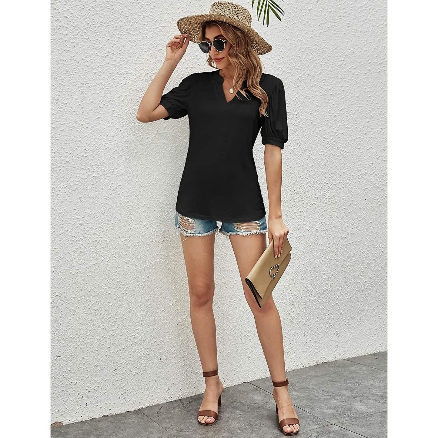 Romanstii Women Casual V-neck T-Shirts Loose Puff Short DailySale