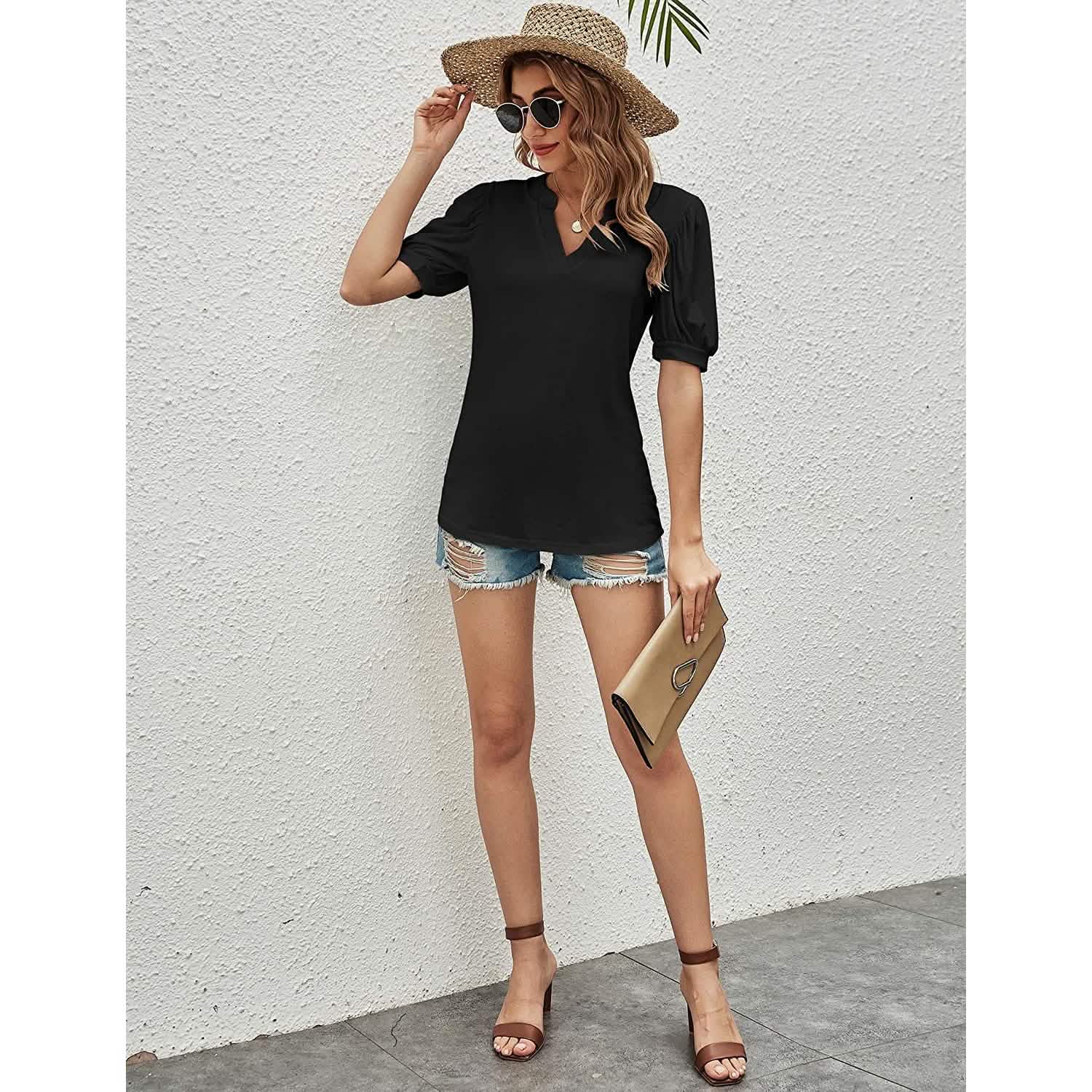 Romanstii Women Casual V-neck T-Shirts Loose Puff Short DailySale