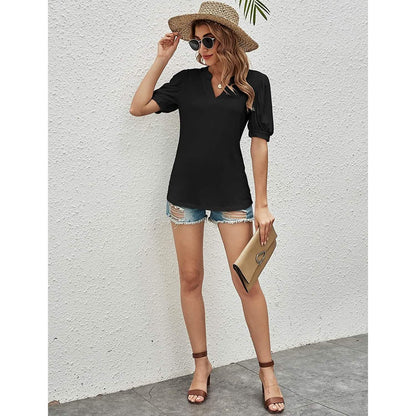 Romanstii Women Casual V-neck T-Shirts Loose Puff Short DailySale