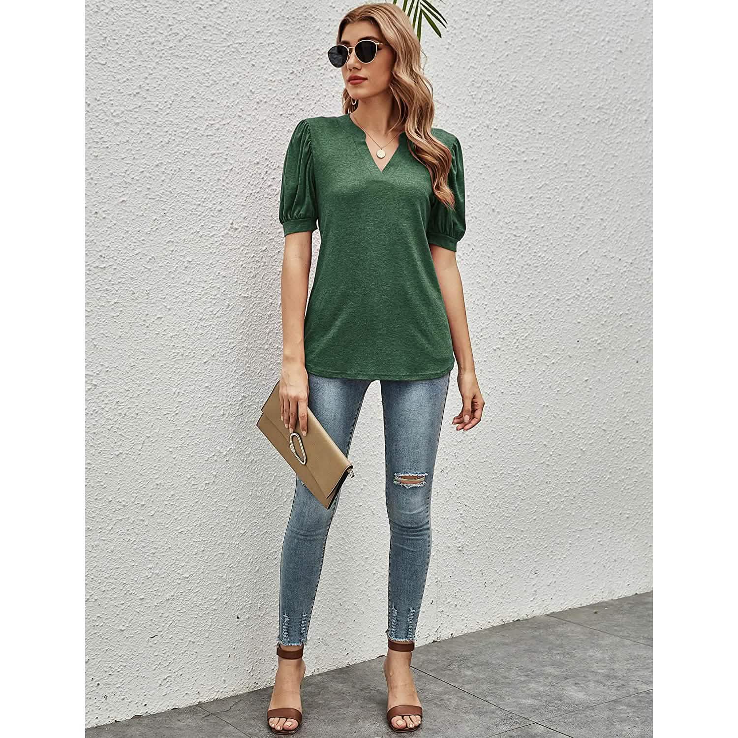 Romanstii Women Casual V-neck T-Shirts Loose Puff Short DailySale