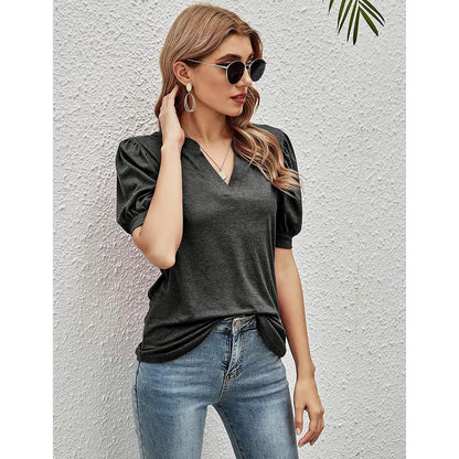 Romanstii Women Casual V-neck T-Shirts Loose Puff Short DailySale