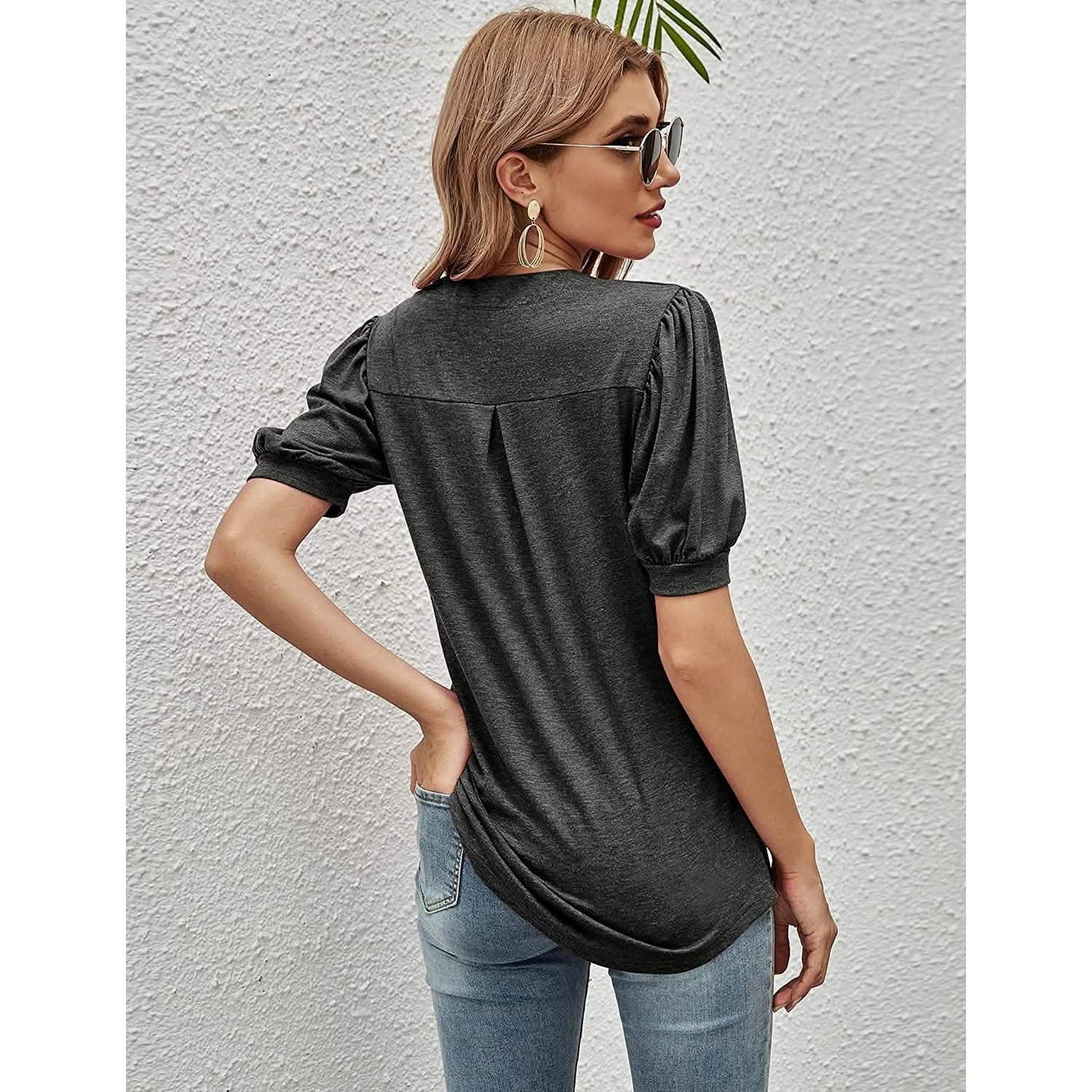 Romanstii Women Casual V-neck T-Shirts Loose Puff Short DailySale