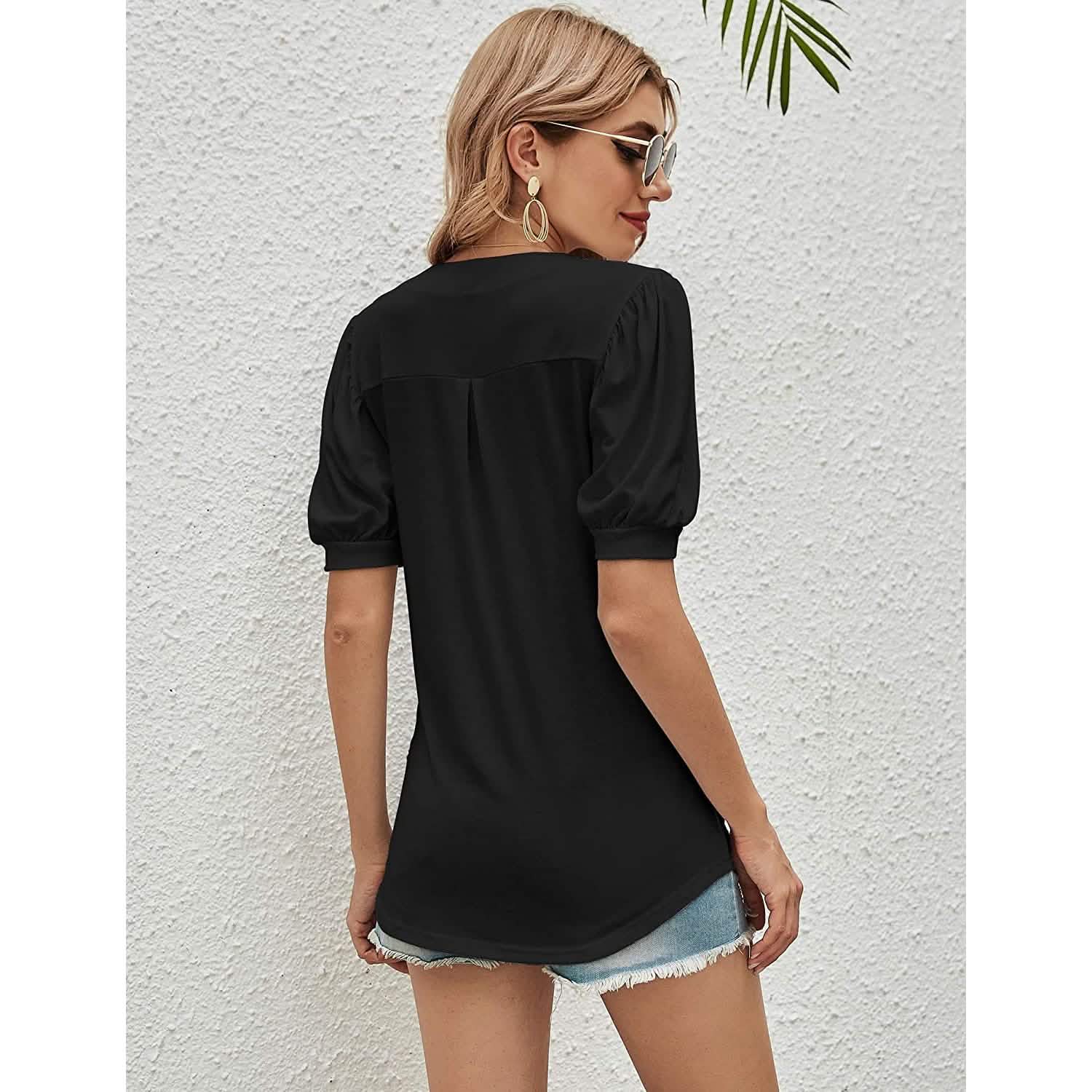Romanstii Women Casual V-neck T-Shirts Loose Puff Short DailySale
