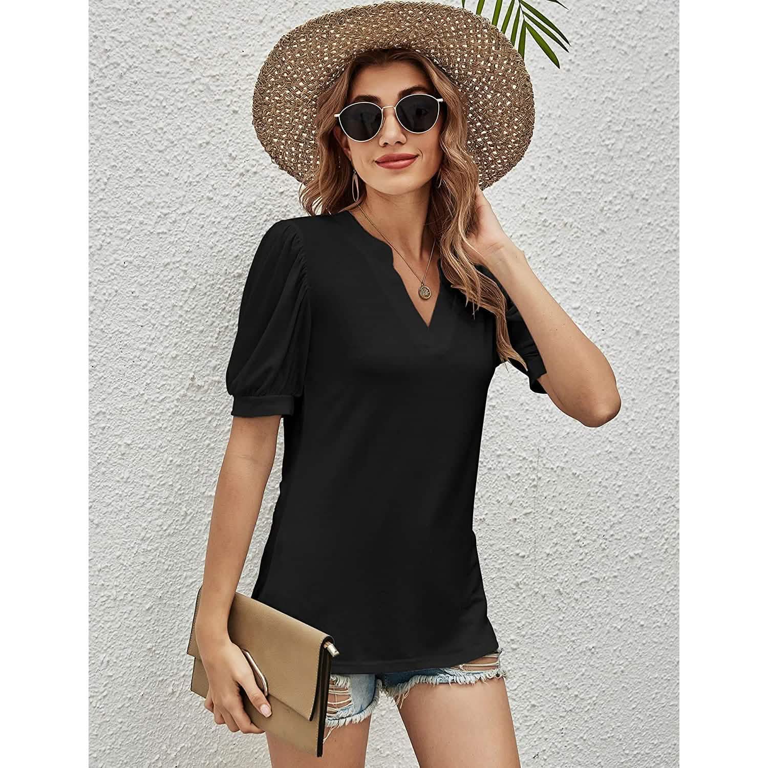 Romanstii Women Casual V-neck T-Shirts Loose Puff Short DailySale