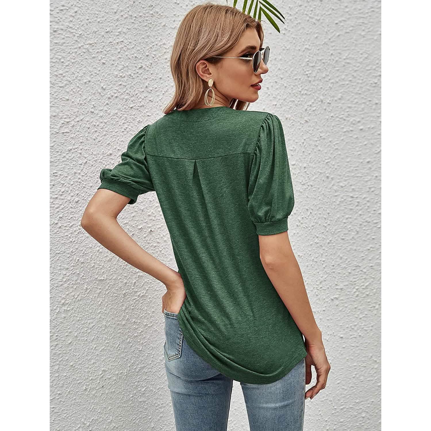 Romanstii Women Casual V-neck T-Shirts Loose Puff Short DailySale