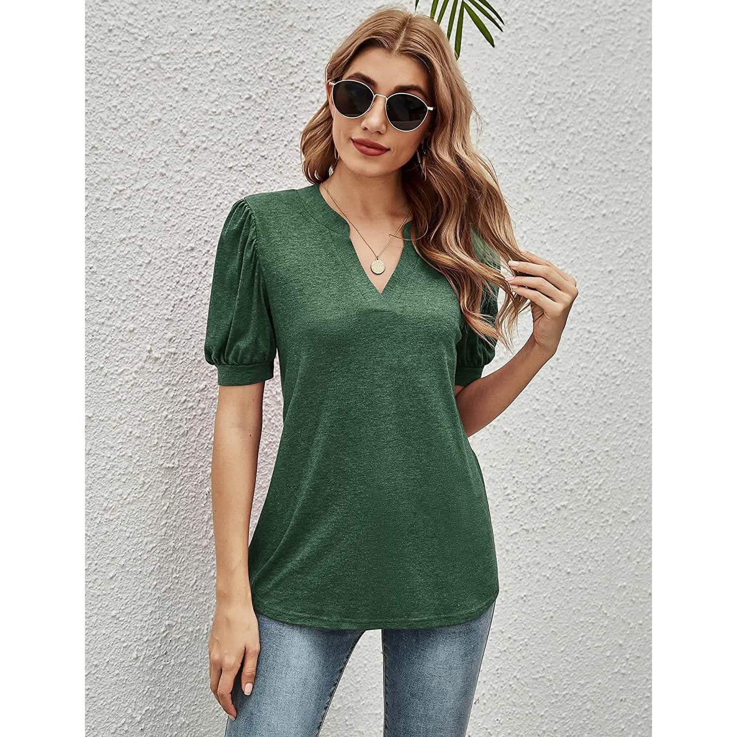 Romanstii Women Casual V-neck T-Shirts Loose Puff Short DailySale