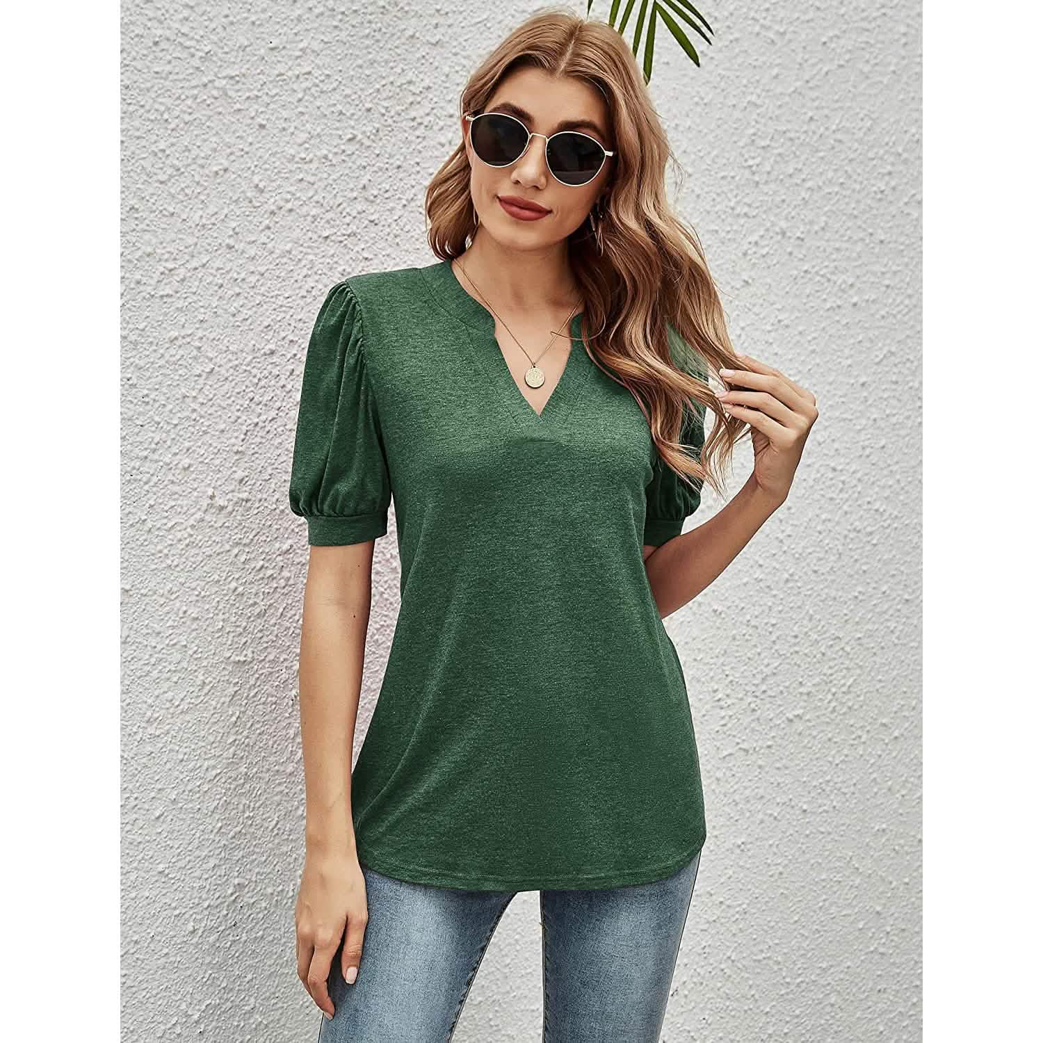 Romanstii Women Casual V-neck T-Shirts Loose Puff Short DailySale