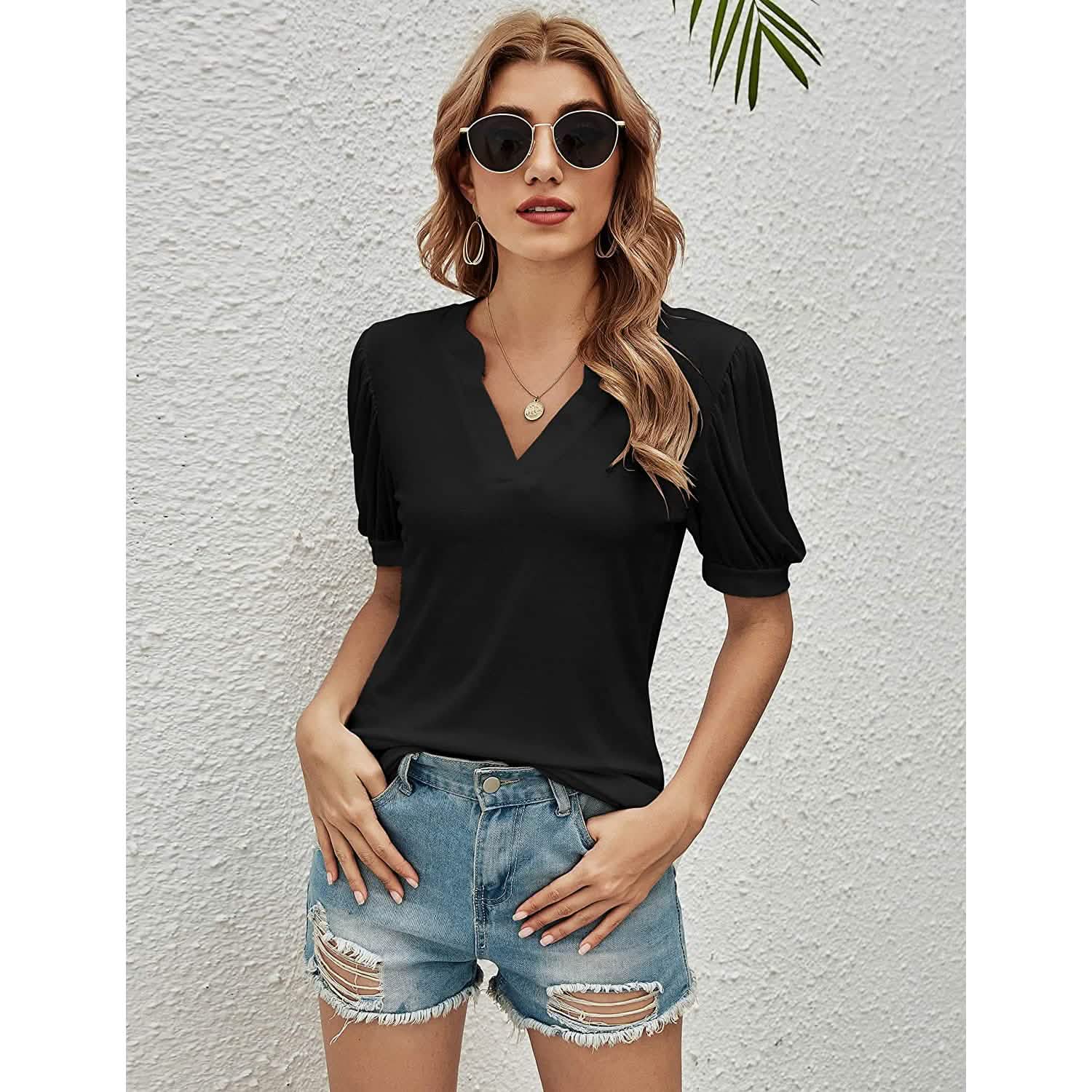 Romanstii Women Casual V-neck T-Shirts Loose Puff Short DailySale